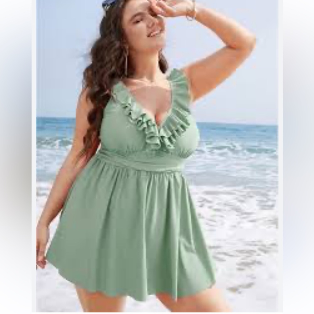 Ruffle Trim Adjustable Straps Gathered Sculpt Waist Swim Dress